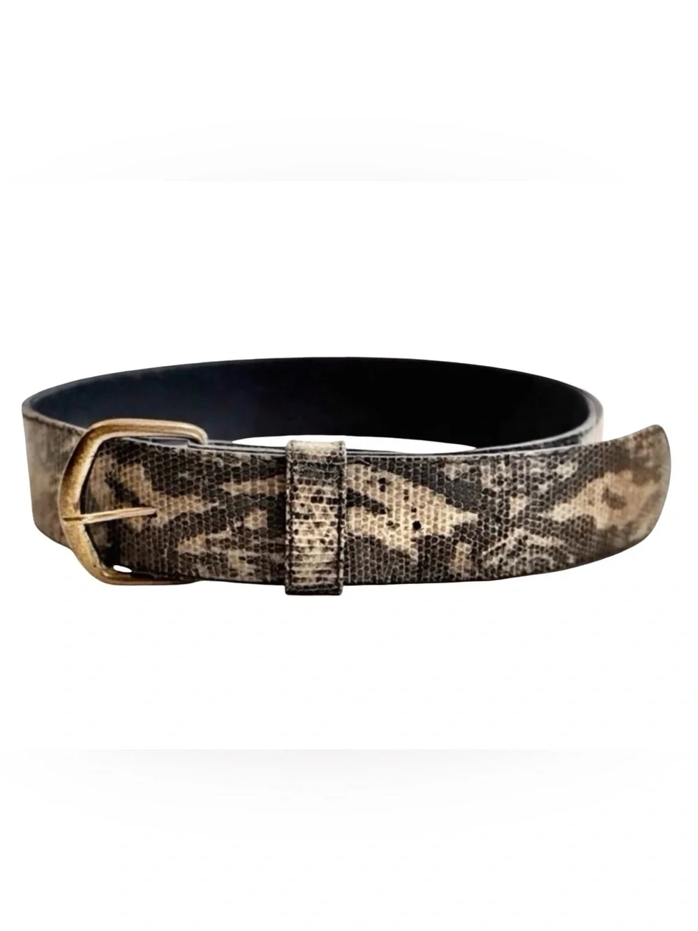 Women’s Python Camo-Styled Leather Belt. Green, Black. 33” x 1.5”